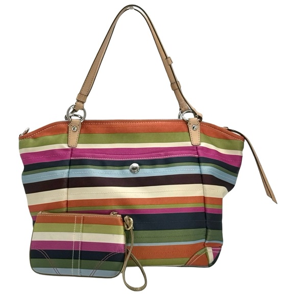 Coach Legacy Multicolor Turnlock Satin Stripe Leah Tote + Wristlet - Picture 9 of 13